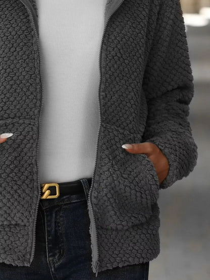 Boho Outerwear - Women's Textured Knit Zip-Up Hooded Jacket - minbolu -