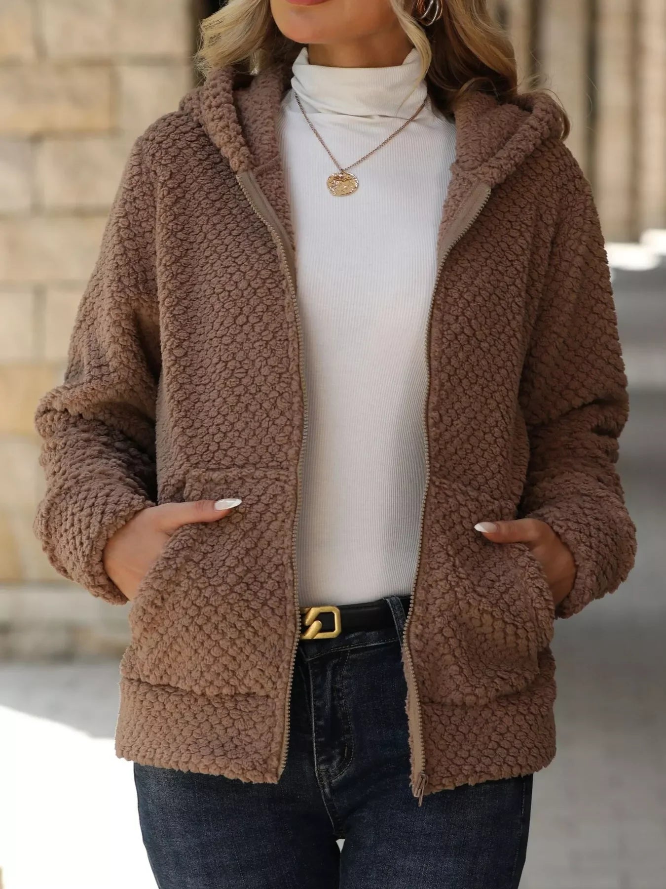 Boho Outerwear - Women's Textured Knit Zip-Up Hooded Jacket - minbolu -