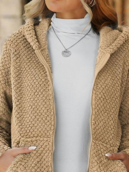 Boho Outerwear - Women's Textured Knit Zip-Up Hooded Jacket - minbolu -