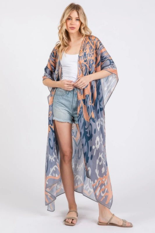 Boho Print Open Front Long Kimono - minbolu -