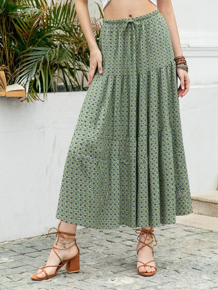 Boho Print Tiered Maxi Skirt - minbolu -