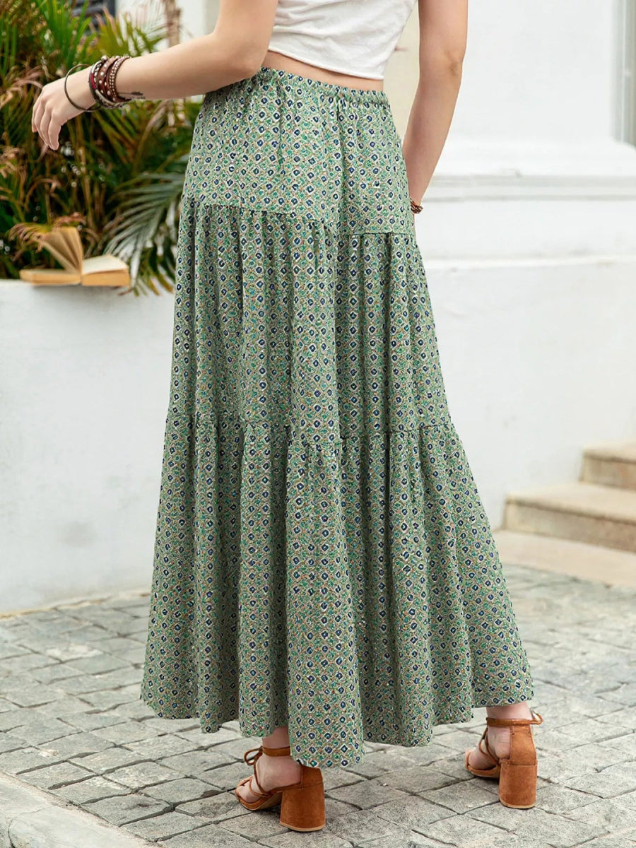 Boho Print Tiered Maxi Skirt - minbolu -