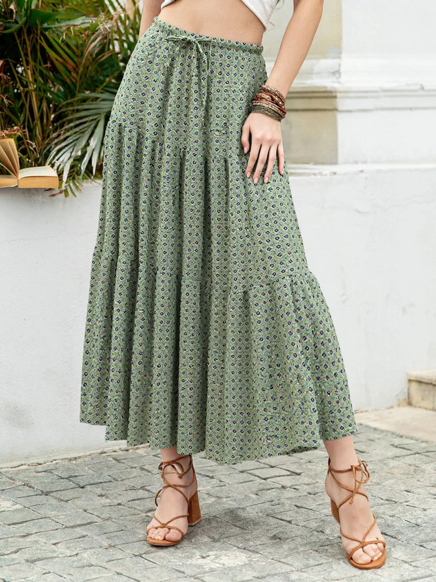 Boho Print Tiered Maxi Skirt - minbolu -