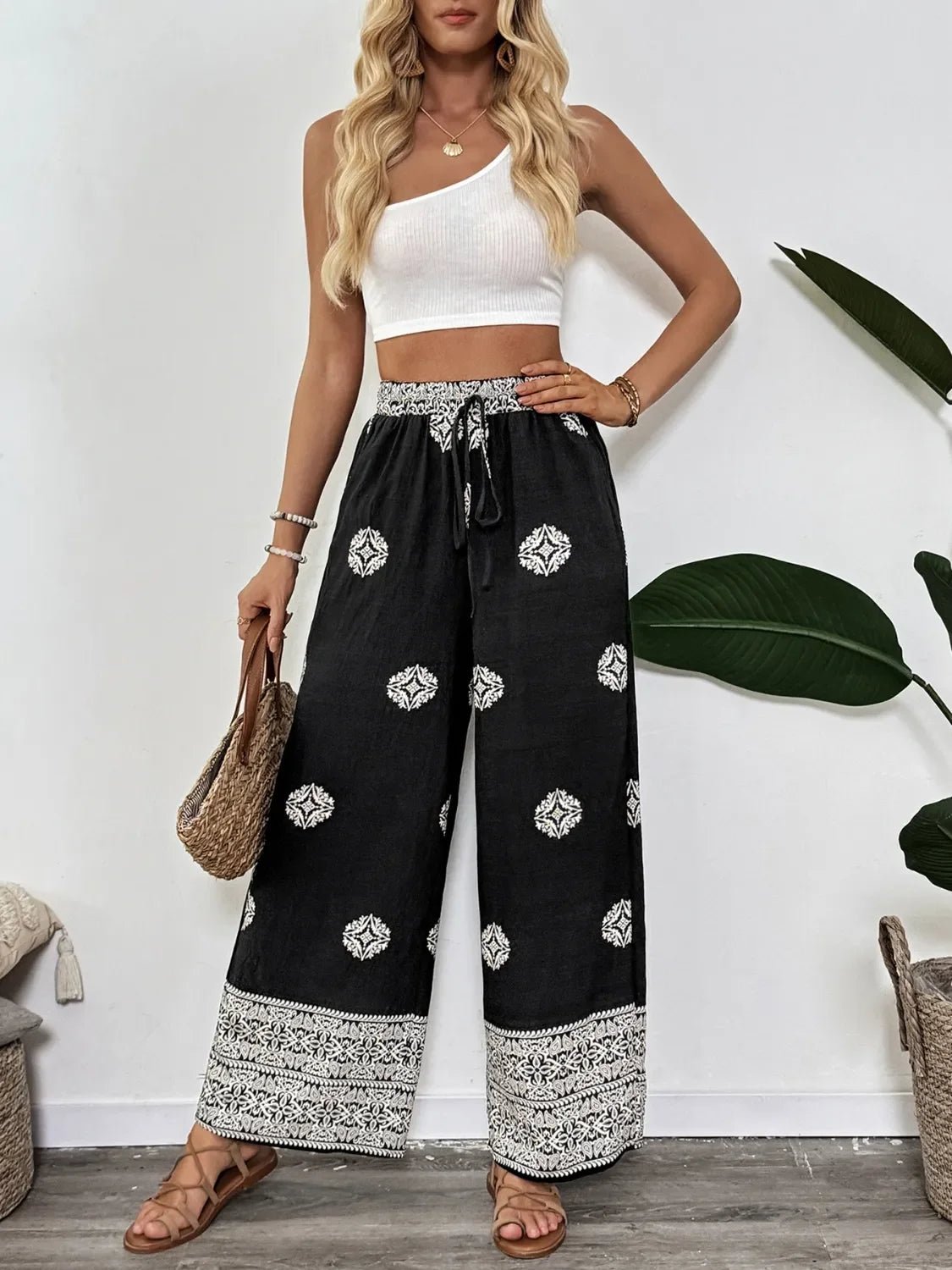 Boho Print Wide Leg Pants - minbolu -