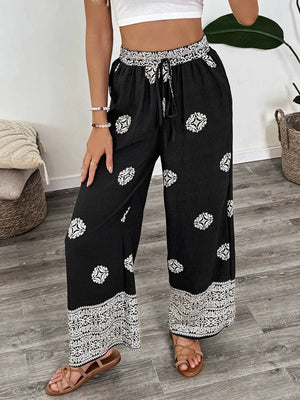 Boho Print Wide Leg Pants - minbolu -
