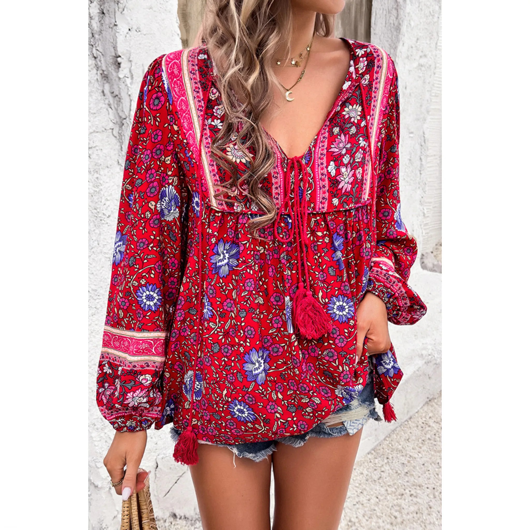Red Bohemian Floral Print Tassel Tie Front Long Sleeve Blouse