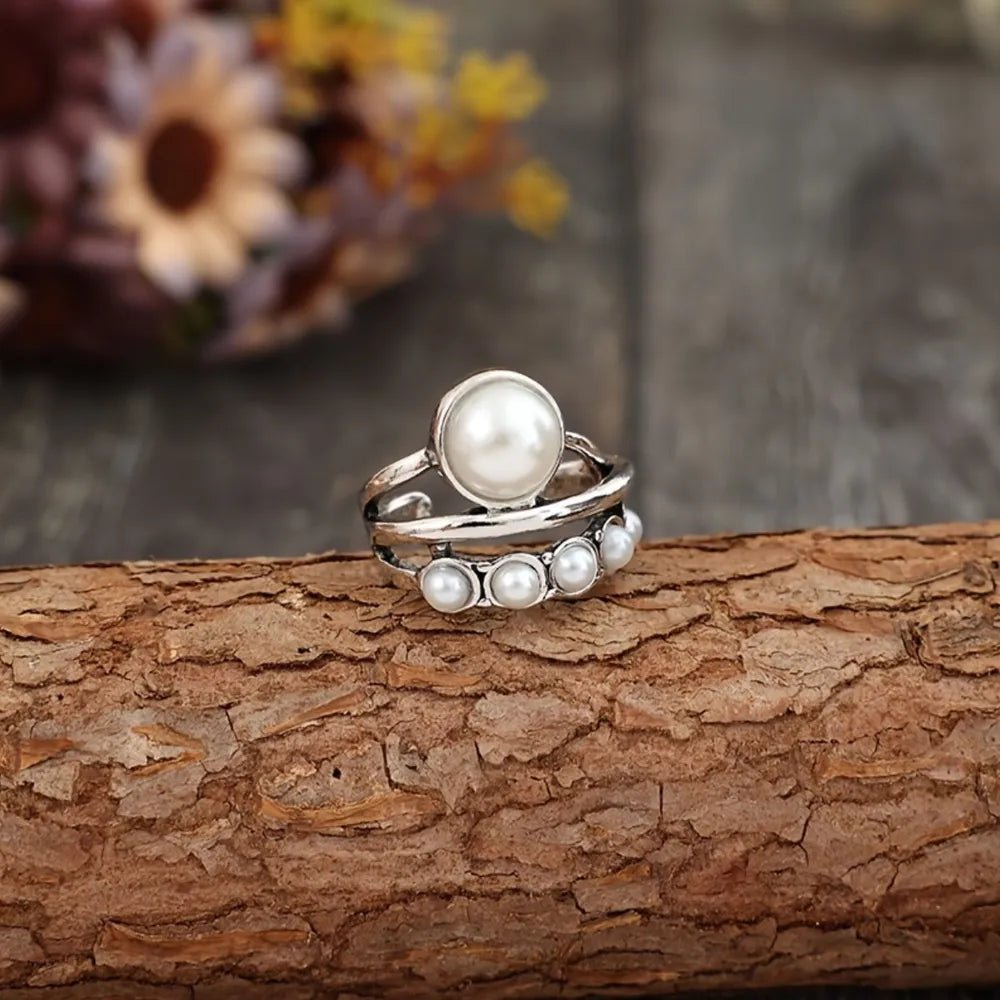 Alloy Three-Layered Open Ring - silver - synthetic pearl - minbolu -
