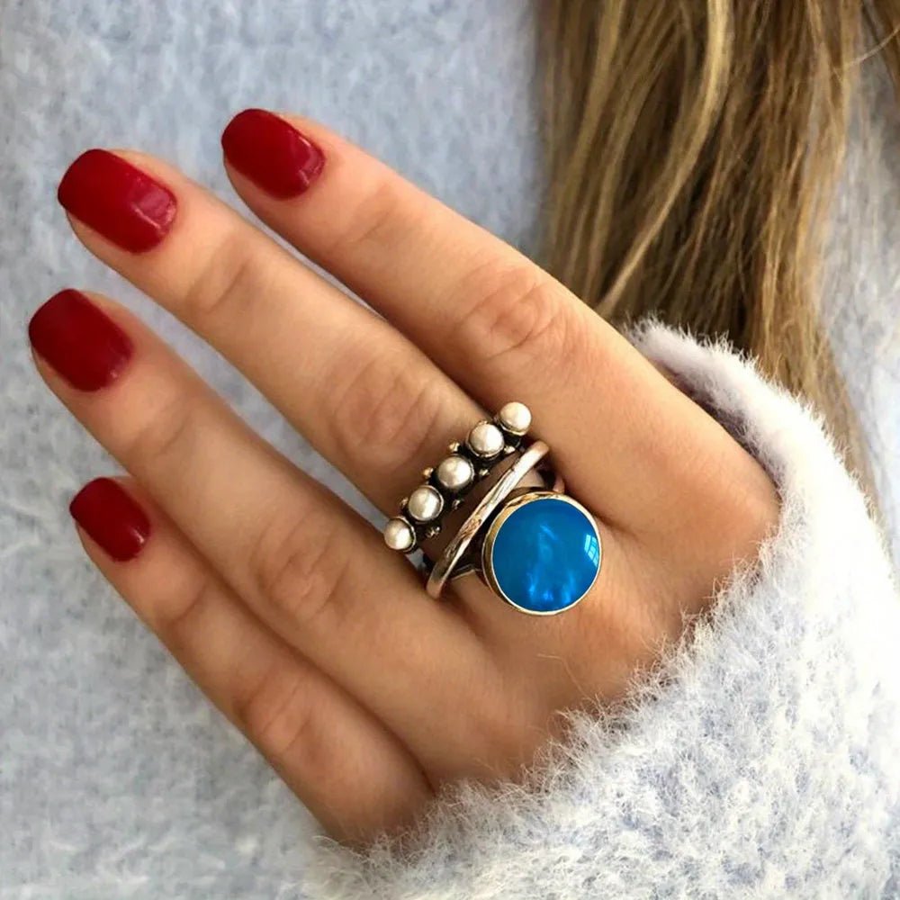 Alloy Three-Layered Open Ring - minbolu - blue synthetic pearl