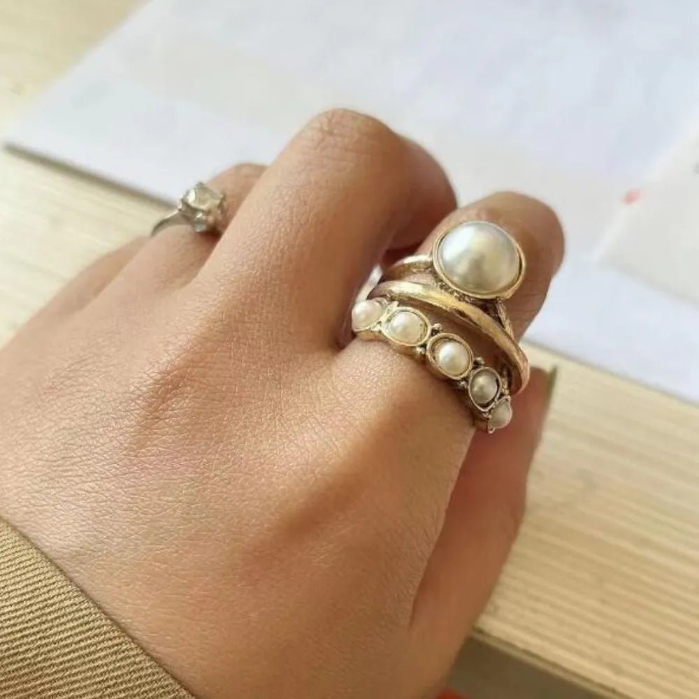 Alloy Three-Layered Open Ring - minbolu - gold with synthetic pearl