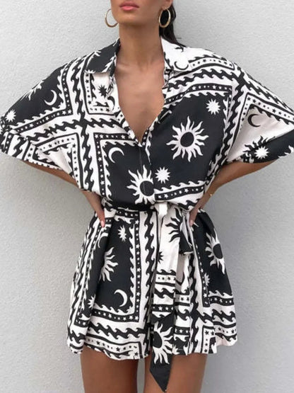 Boho Romper - Printed Tie Waist Half Sleeve Celestial Romper - minbolu -