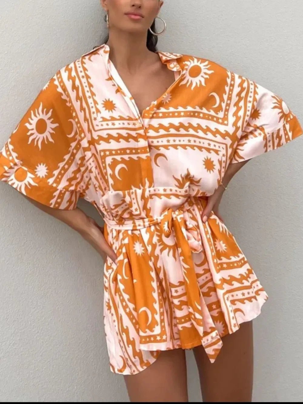 Boho Romper - Printed Tie Waist Half Sleeve Celestial Romper - minbolu -