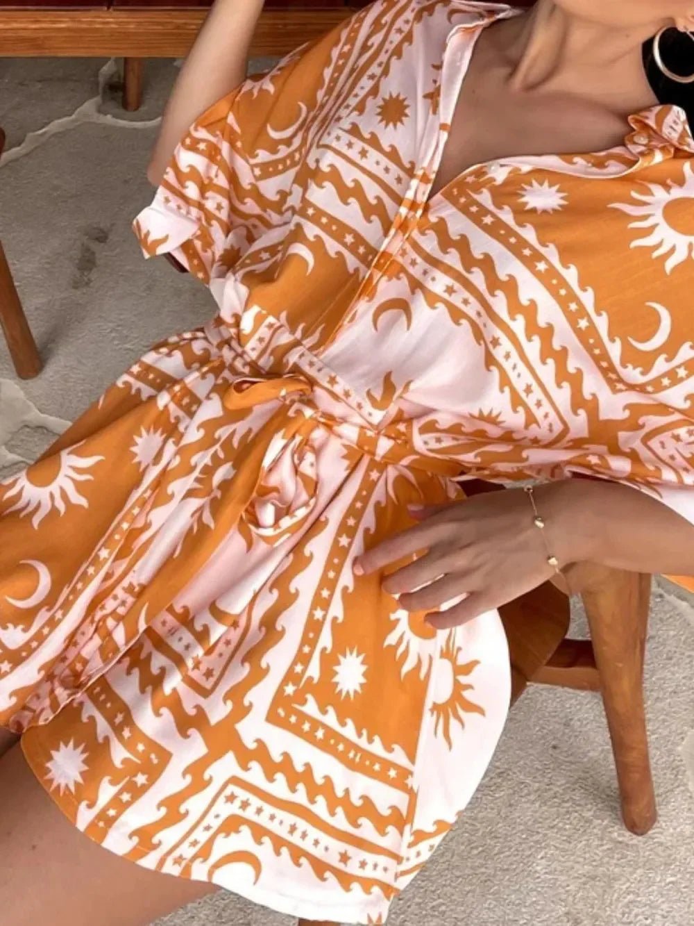 Boho Romper - Printed Tie Waist Half Sleeve Celestial Romper - minbolu -