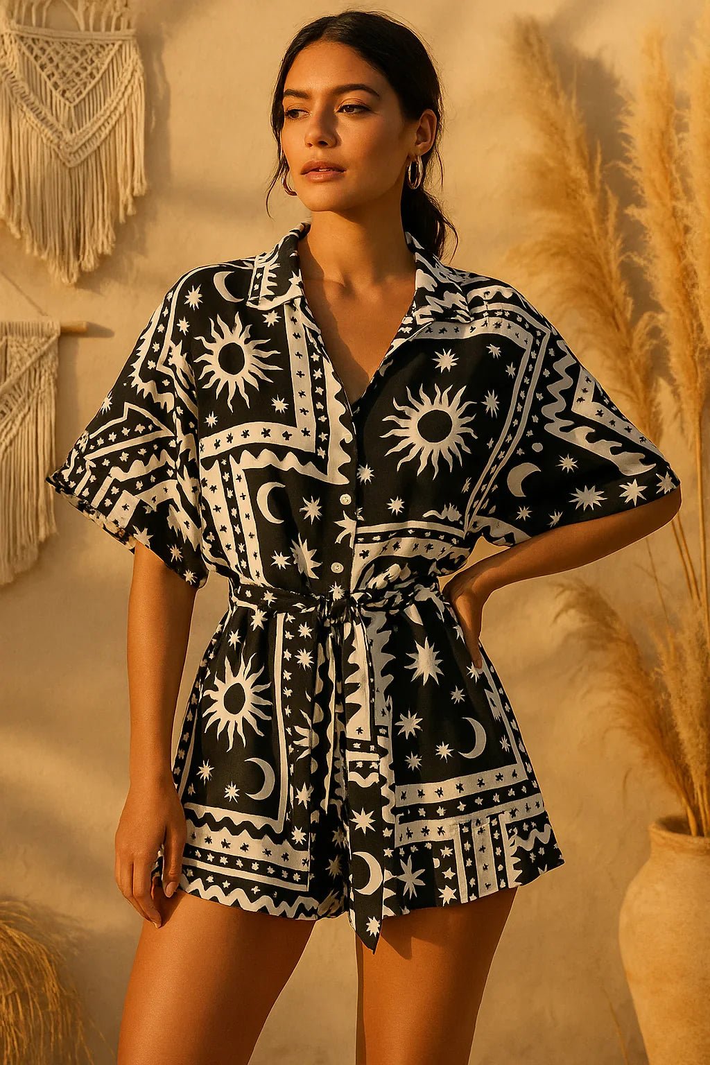 Boho Romper - Printed Tie Waist Half Sleeve Celestial Romper - minbolu -