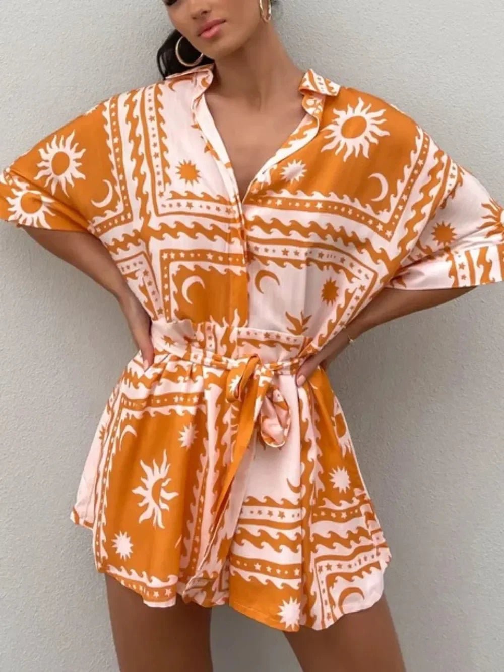 Boho Romper - Printed Tie Waist Half Sleeve Celestial Romper - minbolu -