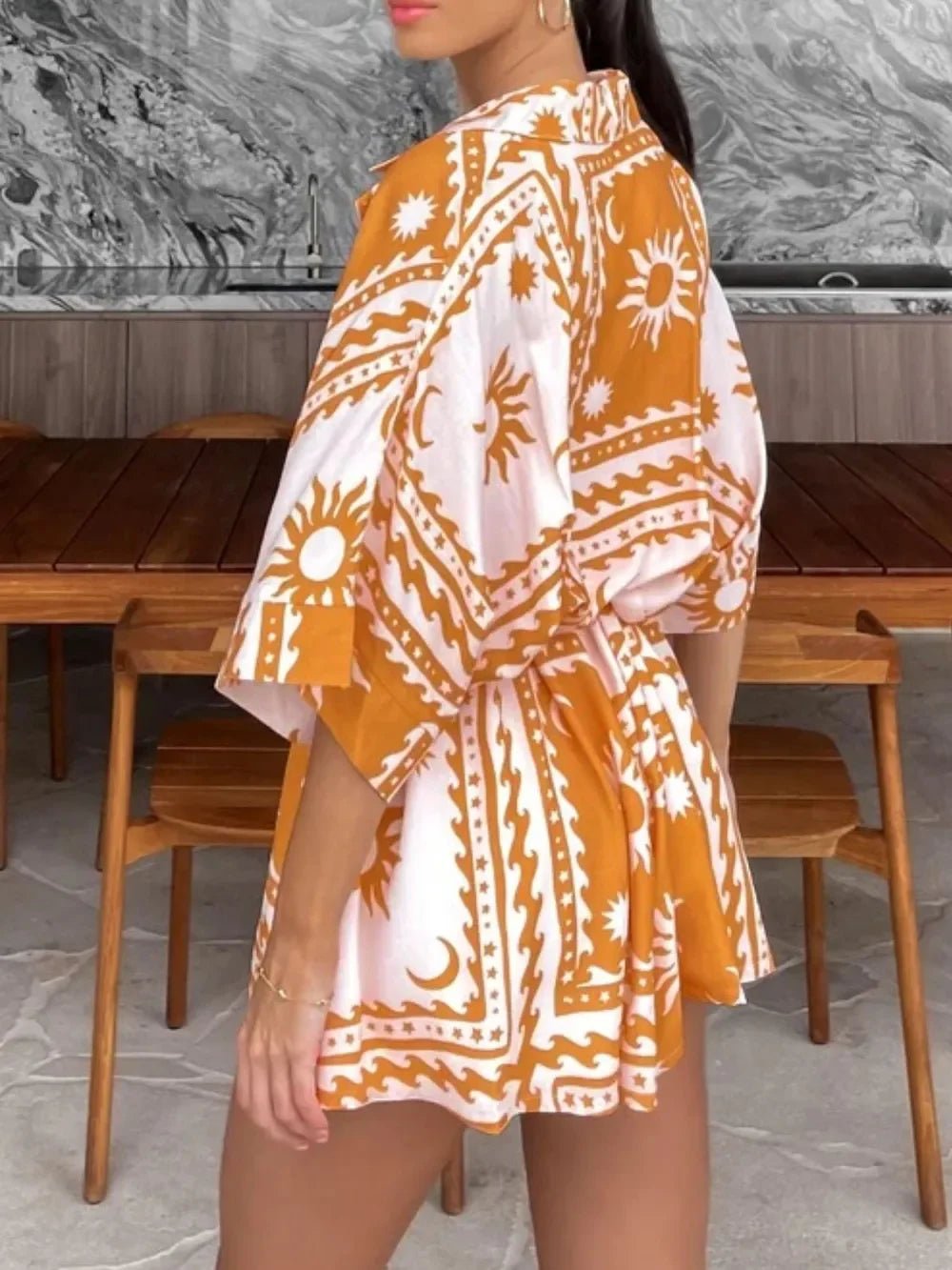 Boho Romper - Printed Tie Waist Half Sleeve Celestial Romper - minbolu -