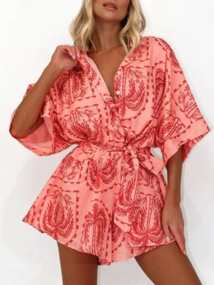 Boho Romper - Printed Tie Waist Half Sleeve Celestial Romper - minbolu -