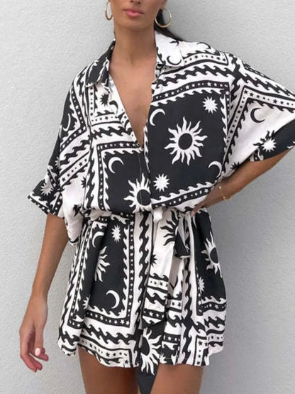 Boho Romper - Printed Tie Waist Half Sleeve Celestial Romper - minbolu -
