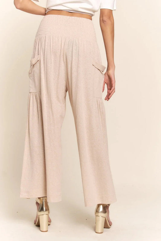Boho Smocked Waist Wide Leg Pants with Pockets - minbolu -