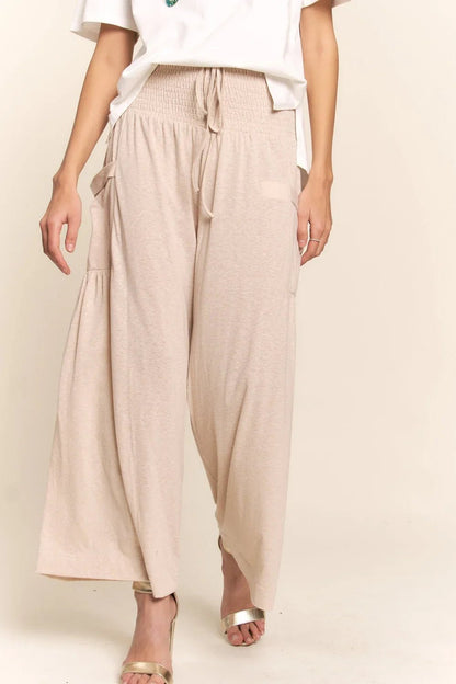 Boho Smocked Waist Wide Leg Pants with Pockets - minbolu