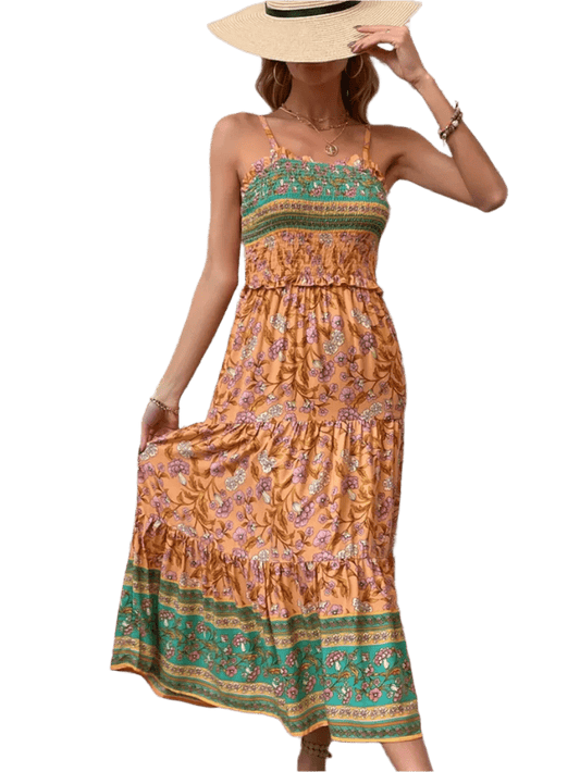 Boho Square Neck Midi Dress - minbolu