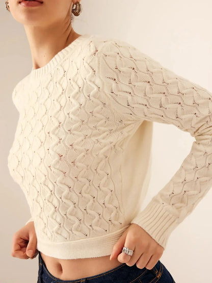 Boho Sweater - Cutout Bow Back Cable Knit Round Neck Top - minbolu -