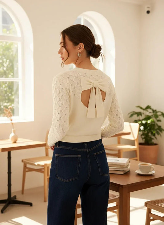 Boho Sweater - Cutout Bow Back Cable Knit Round Neck Top - Sweater - minbolu