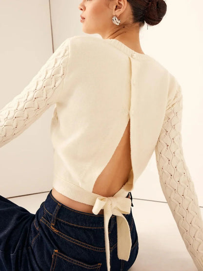Boho Sweater - Cutout Bow Back Cable Knit Round Neck Top - minbolu -