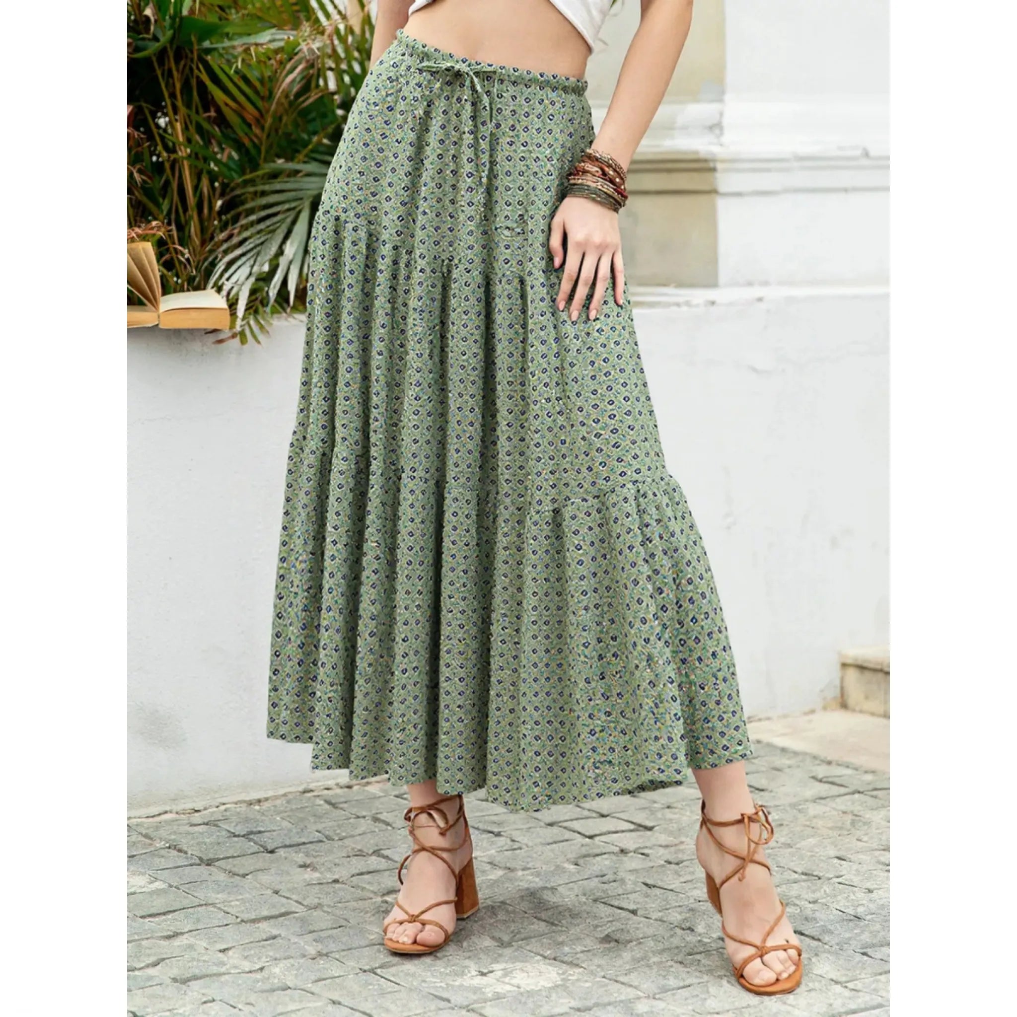 Boho Print Tiered Maxi Skirt - Matcha Green Long Skirt with Drawstring
