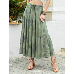 Boho Print Tiered Maxi Skirt - Matcha Green Long Skirt with Drawstring