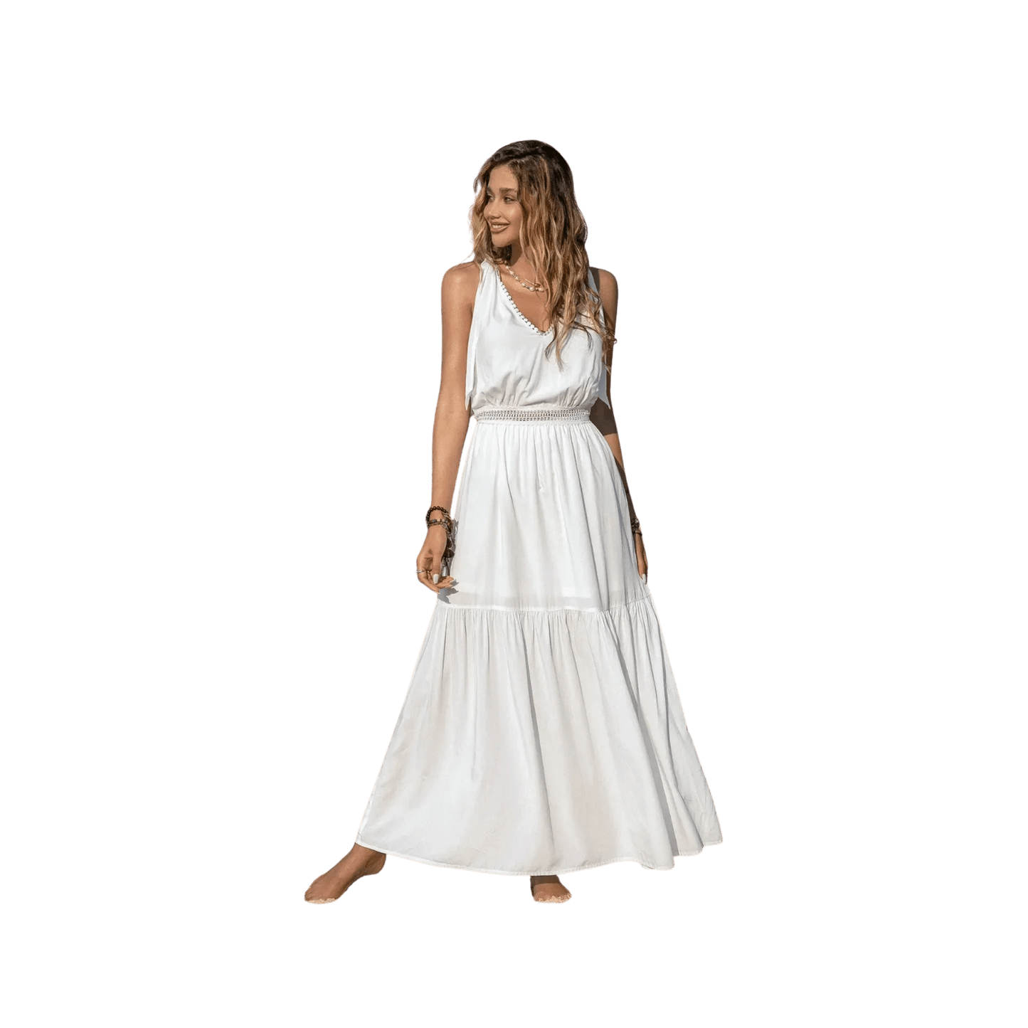 Boho V - Neck Crochet Maxi Dress White - minbolu