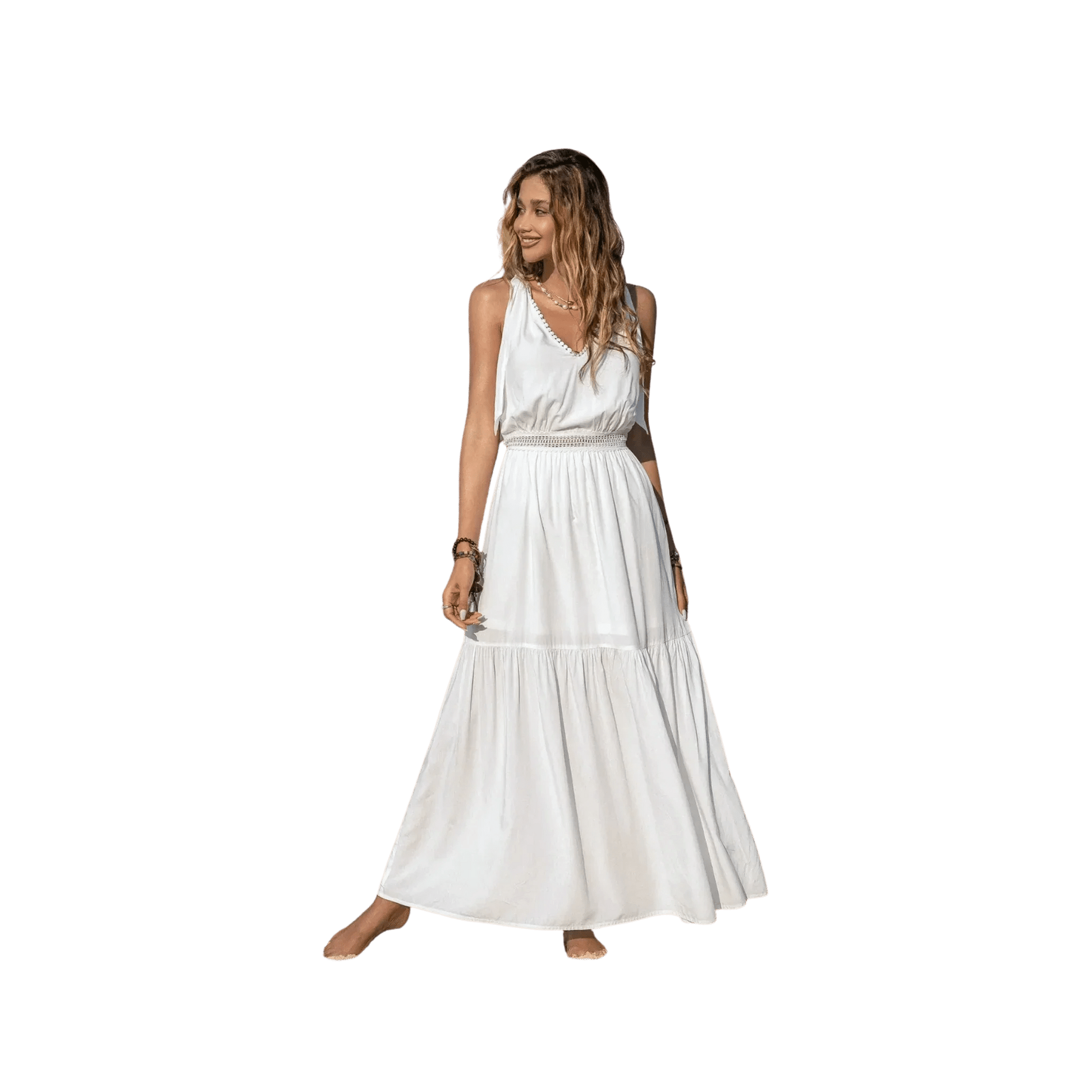 Boho V - Neck Crochet Maxi Dress White - minbolu