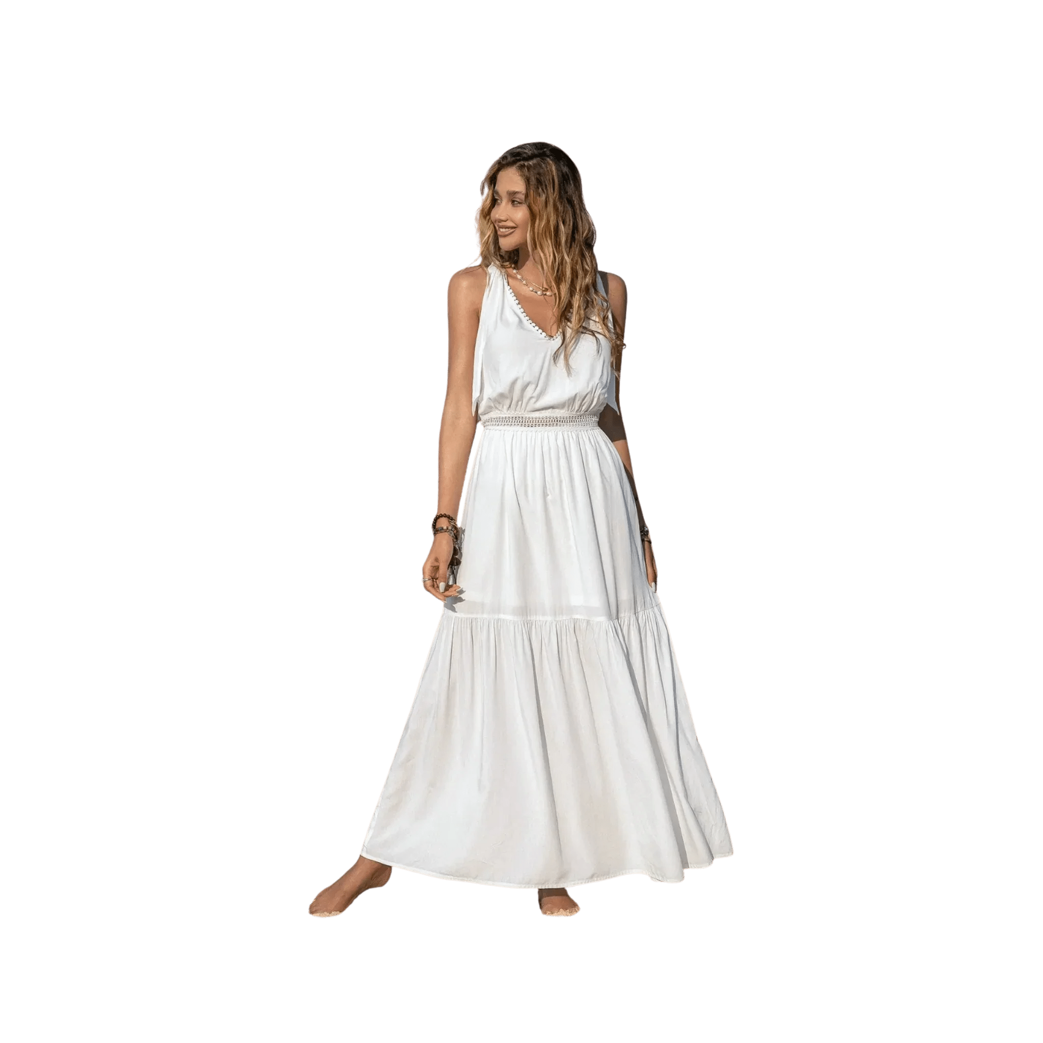 Boho V-Neck Crochet Maxi Dress White - minbolu -