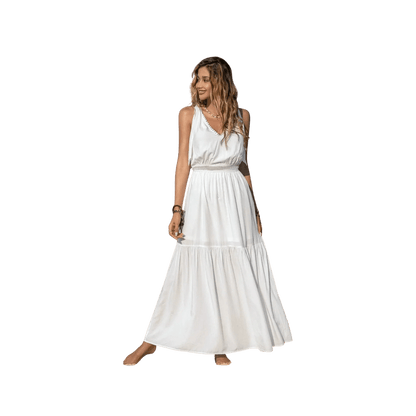 Boho V - Neck Crochet Maxi Dress White - minbolu