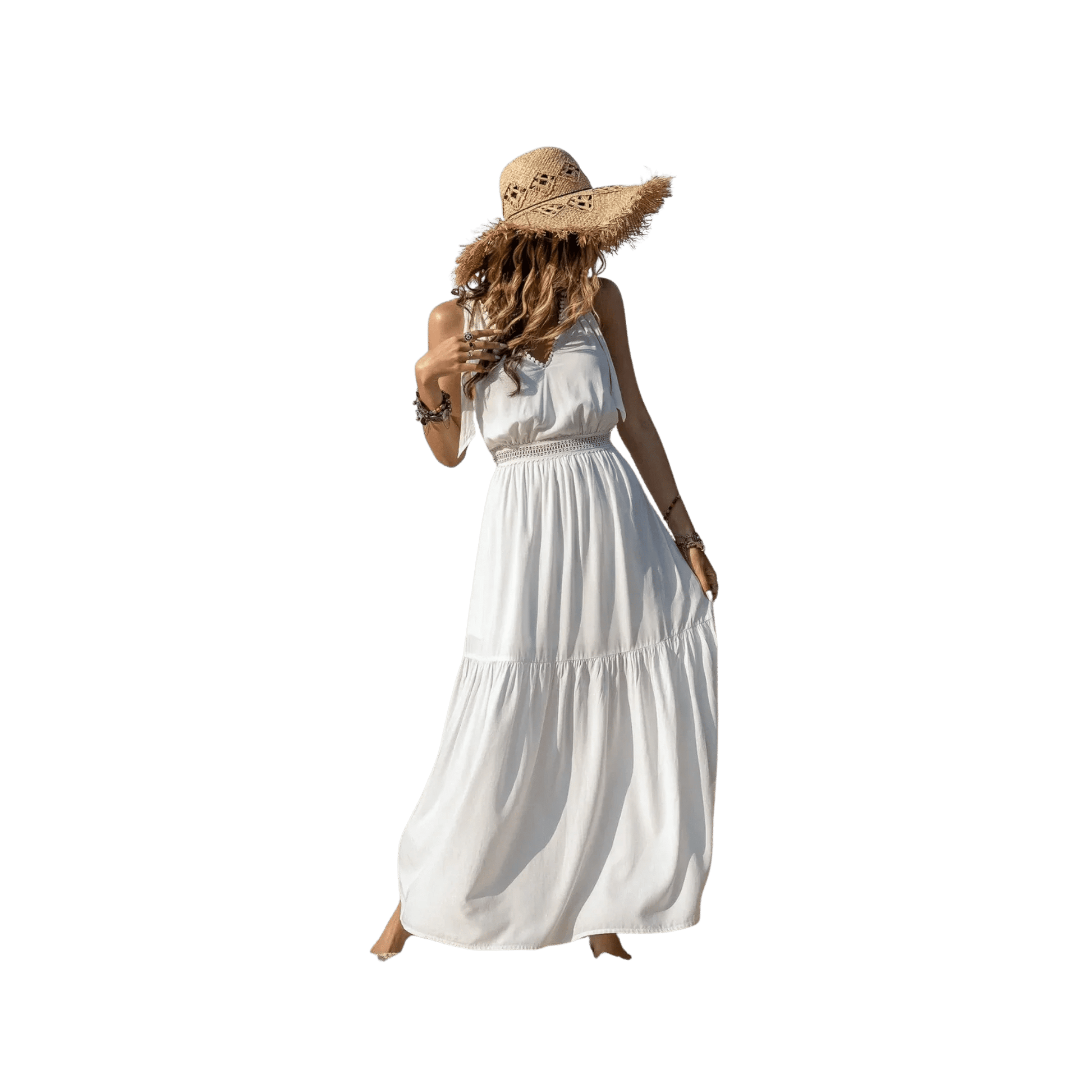 Boho V - Neck Crochet Maxi Dress White - minbolu