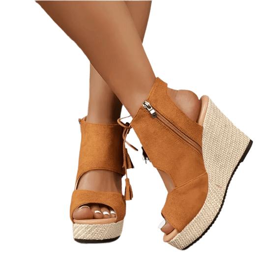 Boho Wedge Sandals - Women's Peep Toe Mid Heel Comfort Shoes - minbolu