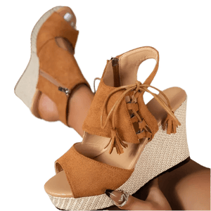Boho Wedge Sandals - Women's Peep Toe Mid Heel Comfort Shoes - minbolu -