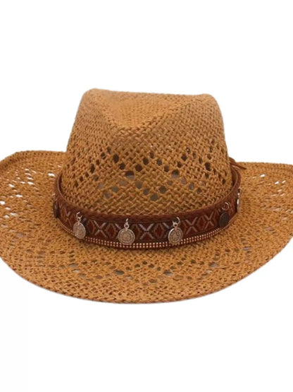 Boho Woven Cowboy Hat - Lightweight Denim Western Hat with Charm Detail - minbolu -