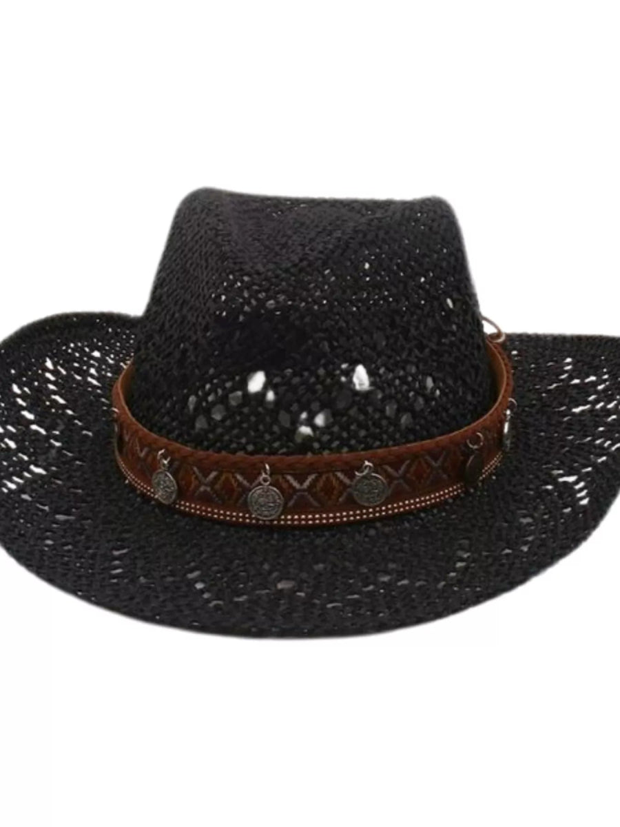 Boho Woven Cowboy Hat - Lightweight Denim Western Hat with Charm Detail - minbolu -