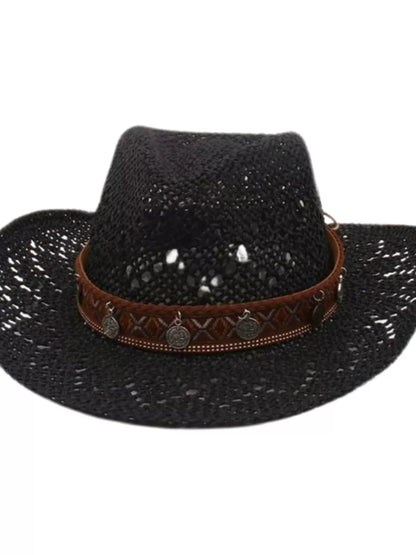 Boho Woven Cowboy Hat - Lightweight Denim Western Hat with Charm Detail - minbolu -