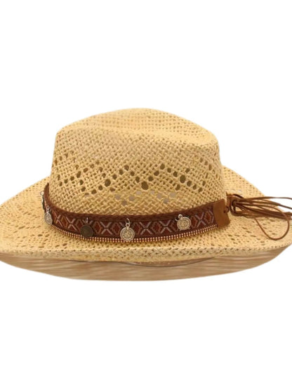Boho Woven Cowboy Hat - Lightweight Denim Western Hat with Charm Detail - minbolu -