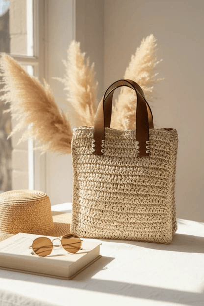 Braided Handbag - Natural Straw Tote with Faux Leather Handles - Tote Bag - minbolu