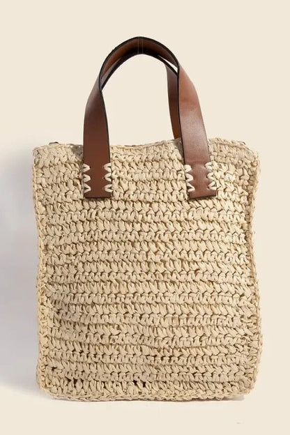 Fame Faux Leather Handle Straw Braided Handbag - minbolu -