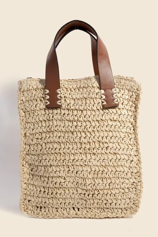 Fame Faux Leather Handle Straw Braided Handbag - minbolu -