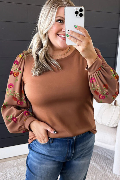 Brown Floral Puff Sleeve Round Neck Plus Size Blouse - minbolu -