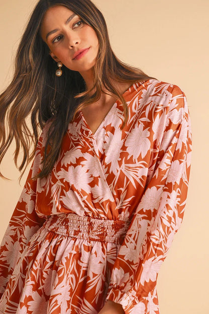 Brown Floral Puff Sleeve Shirred Waist Layered Dress - minbolu