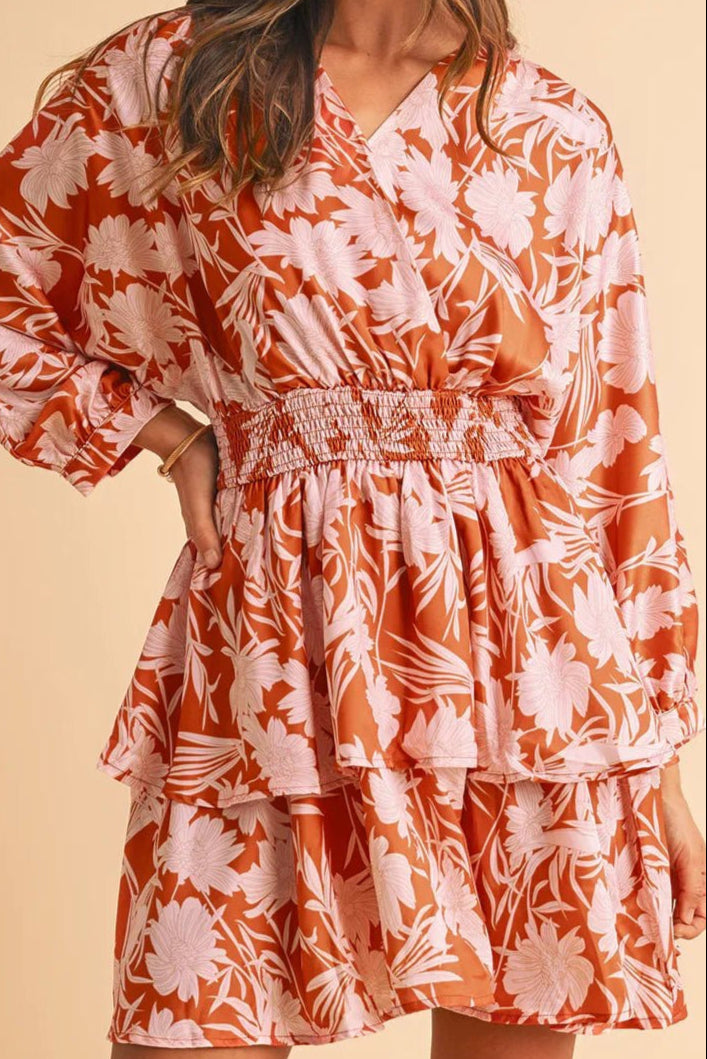 Brown Floral Puff Sleeve Shirred Waist Layered Dress - minbolu