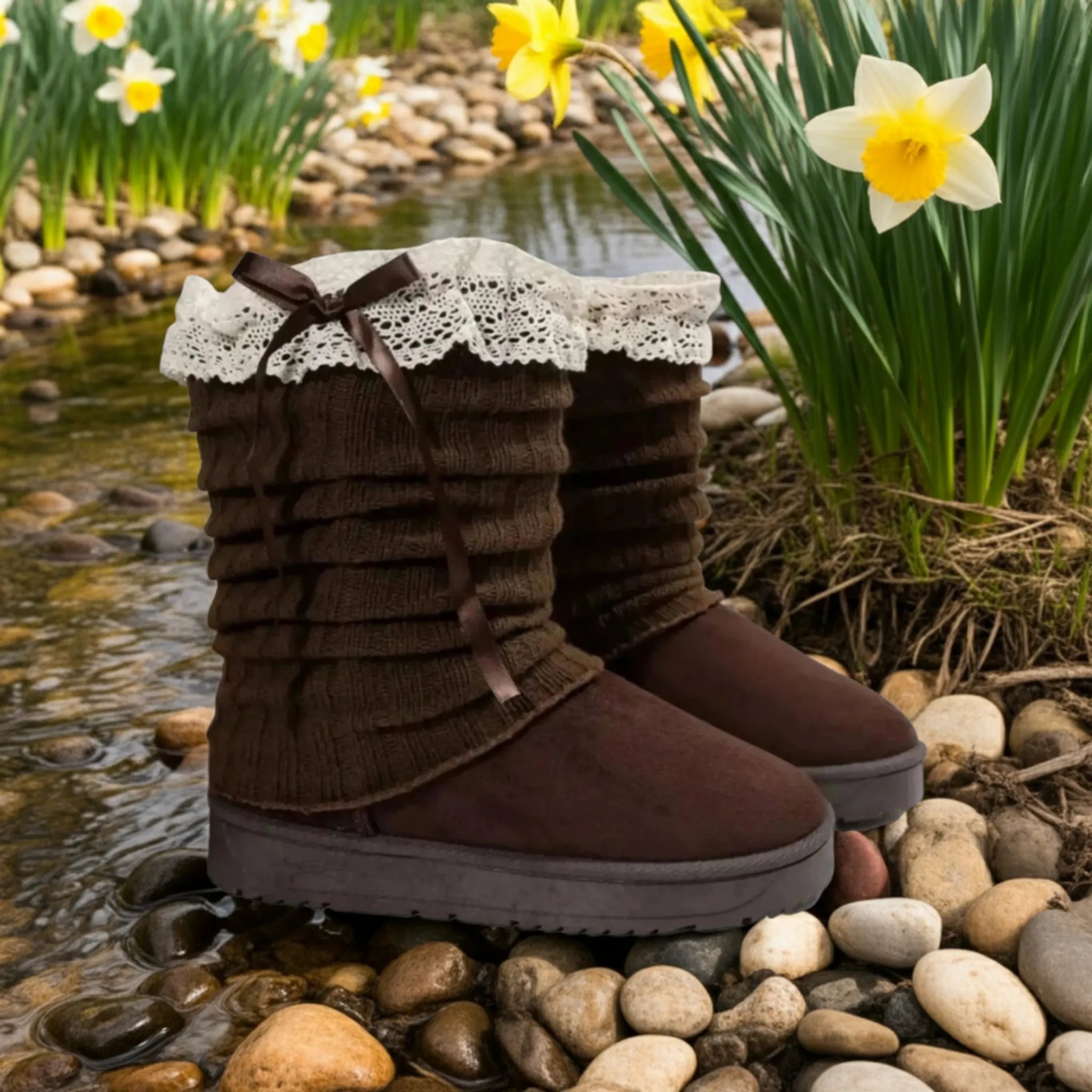 Brown winter boots with lace details on a pebble surface with flowers in the background