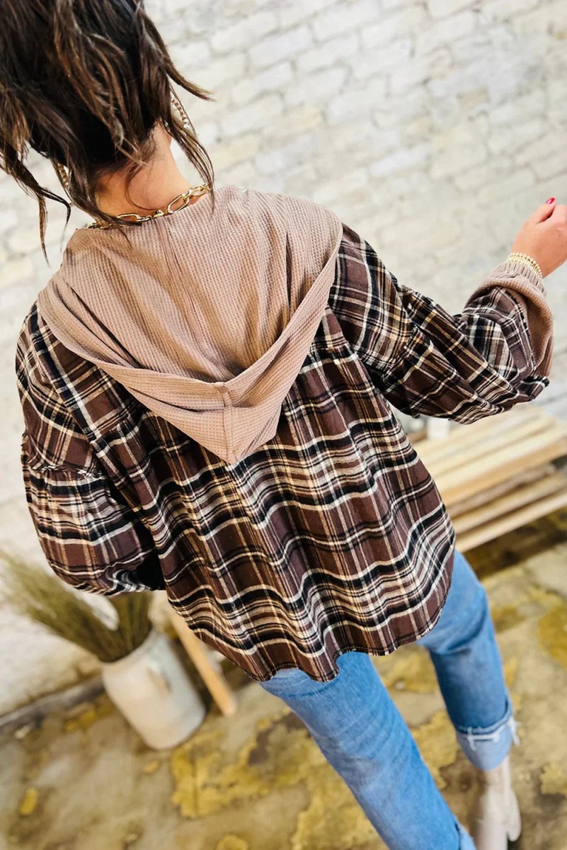 Brown Plaid Waffle Patchwork Long Sleeve Henley Hooded Top - minbolu -