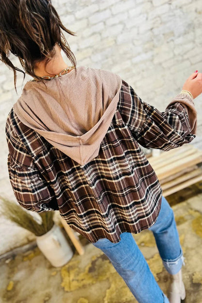 Brown Plaid Waffle Patchwork Long Sleeve Henley Hooded Top - minbolu -