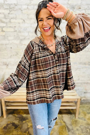 Brown Plaid Hoodie - Waffle Knit Long Sleeve Henley Top - minbolu -